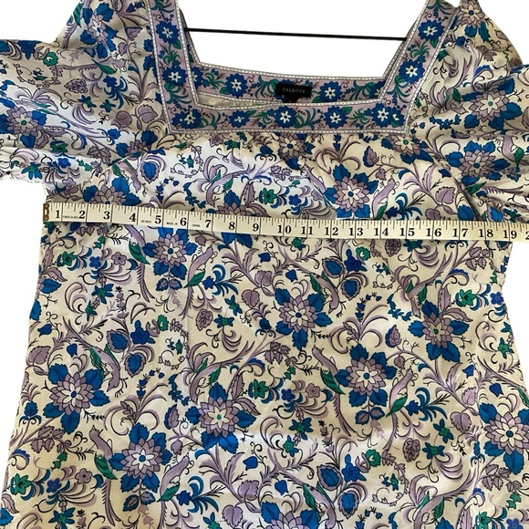 Talbots Blouse Size Large Blue Purple Floral Peacock Square Neck Short Sleeve - Picture 6 of 7
